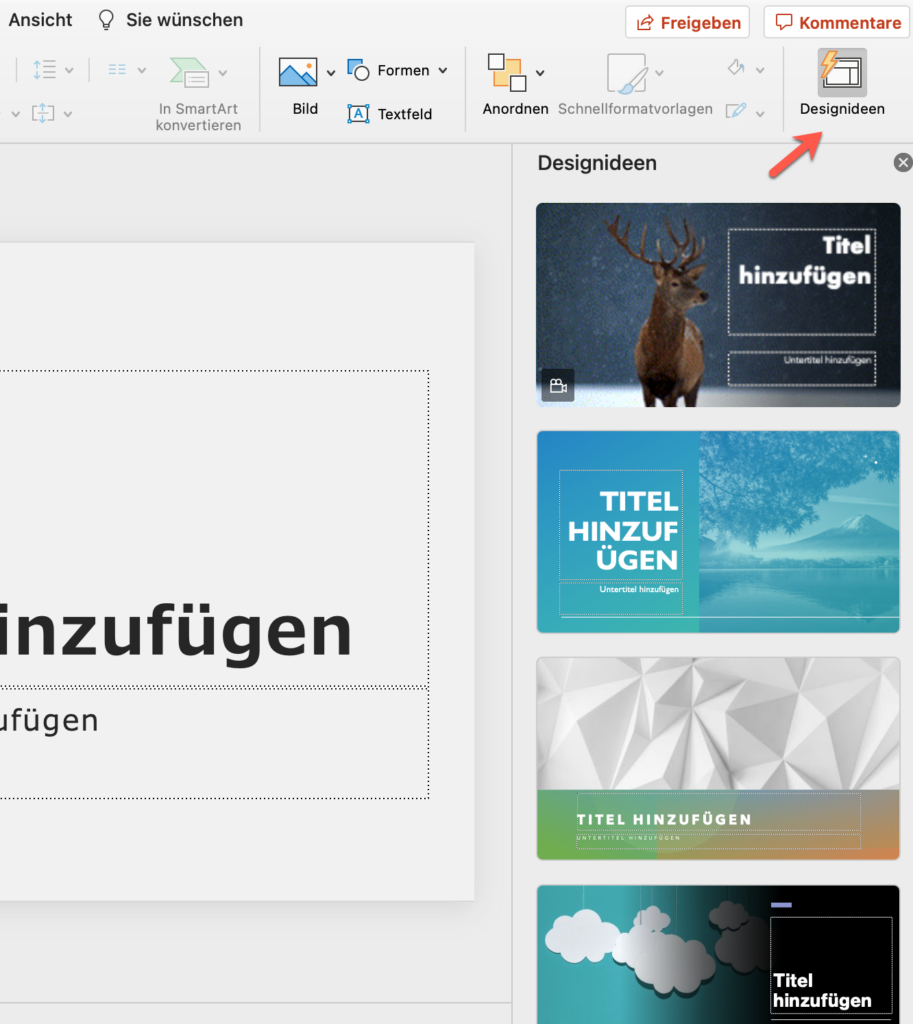 The Design Ideas function in PowerPoint provides suggestions for the design.
